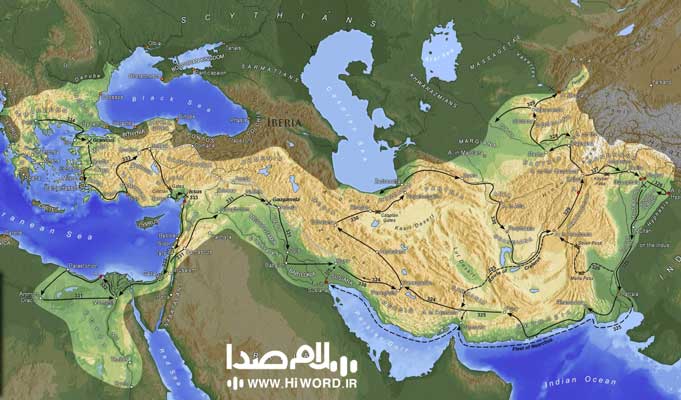 نقشه مسیر حمله اسکندر مقدونی به ایران و شرق